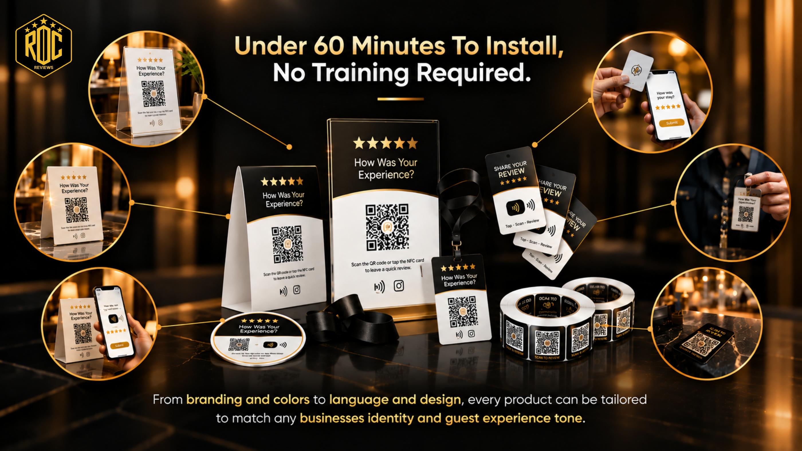 ROC Reviews touchpoints — table stand, NFC card, coaster, keytag and guest phone with QR codes