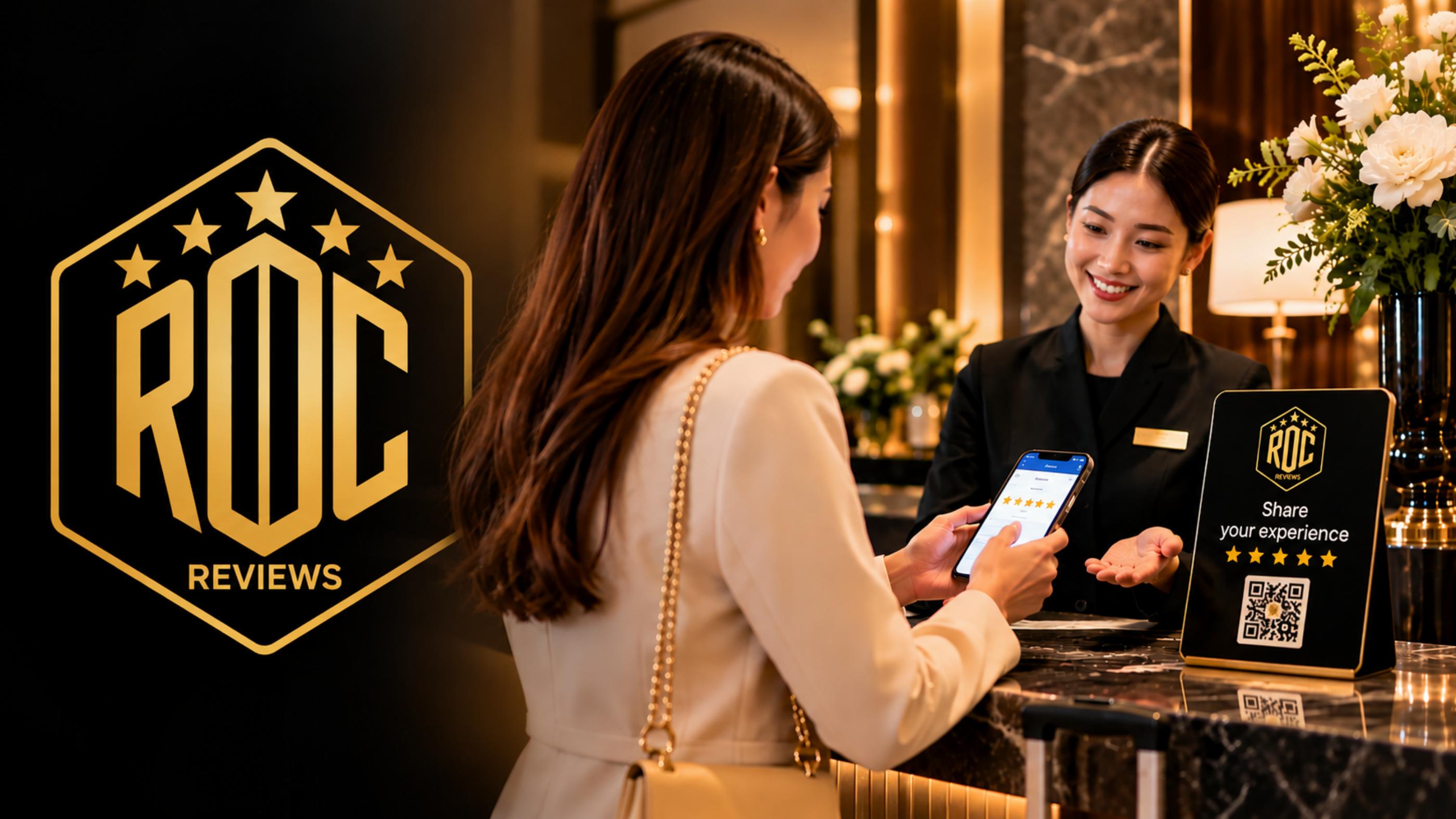 A hotel guest using ROC Reviews at reception