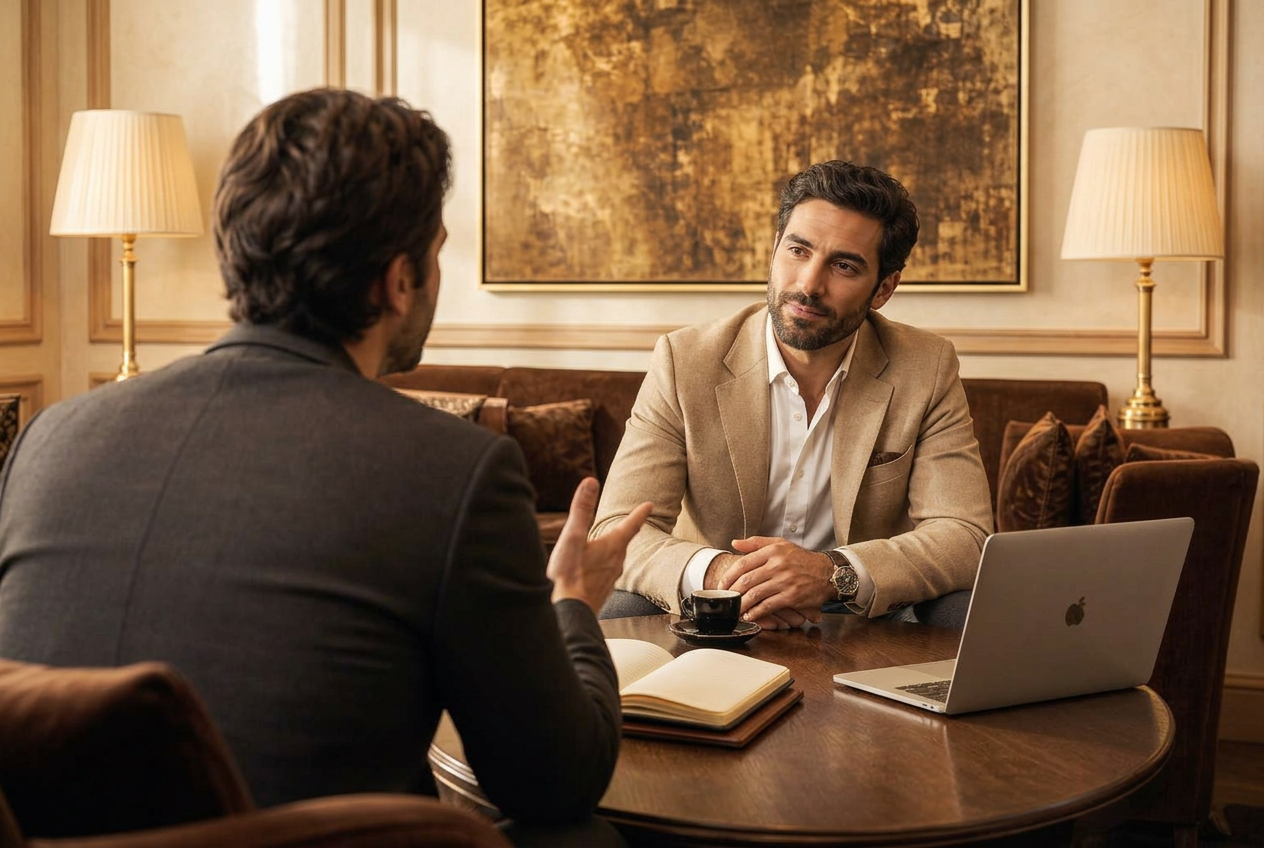 Two senior executives meeting in a luxury hotel lounge
