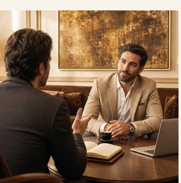 Two senior executives meeting in a luxury hotel lounge