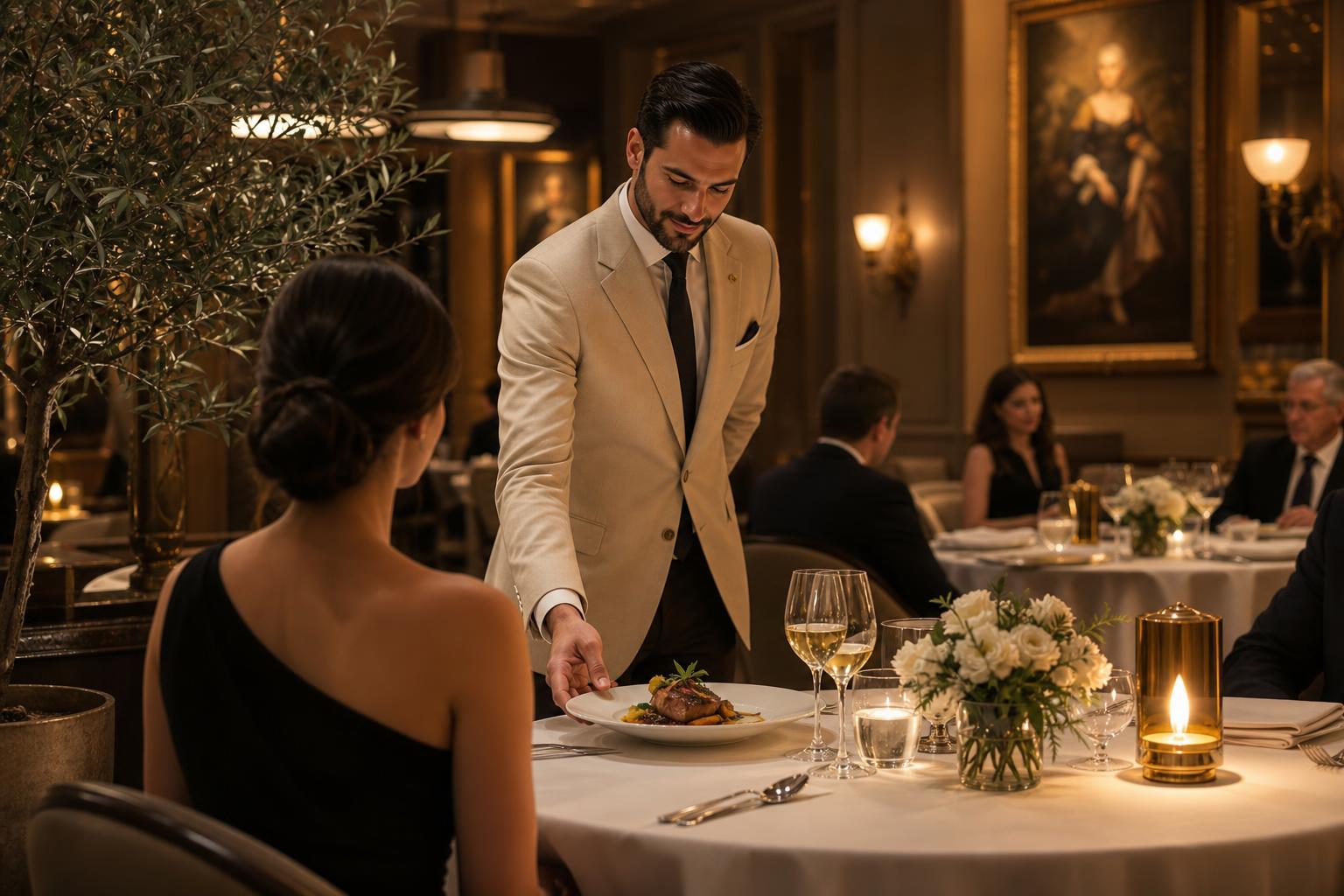 Maitre d' serving a plated course in a luxury fine dining restaurant